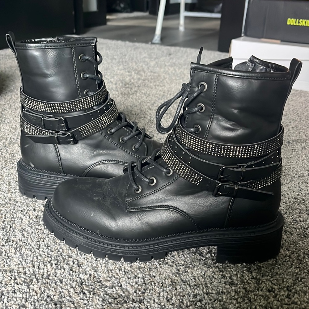 Black combat boots with rhinestone/stud belt detail